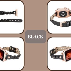 May include: Three black braided leather watch bands for an Apple Watch. The bands are shown in different positions, with one band wrapped around the watch face.