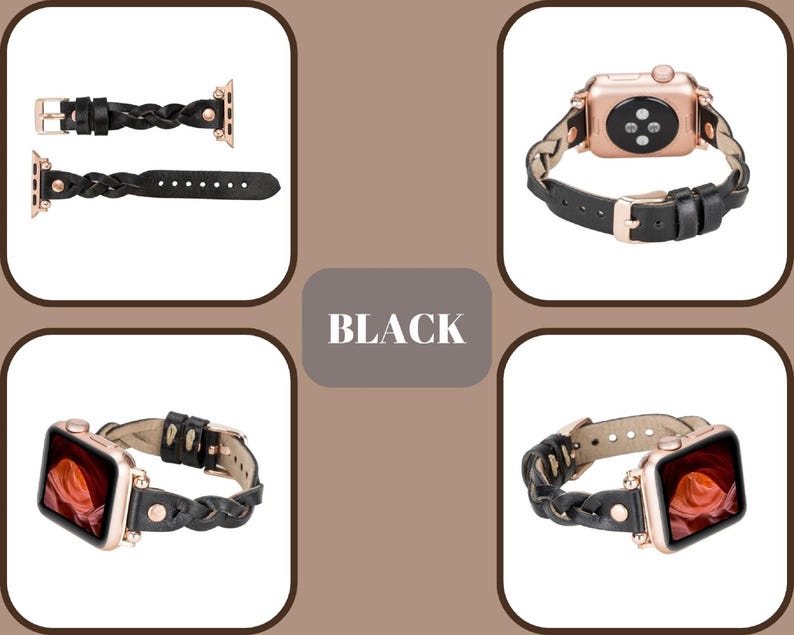 May include: Three black braided leather watch bands for an Apple Watch. The bands are shown in different positions, with one band wrapped around the watch face.