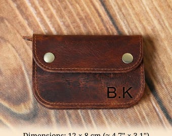 Handmade Full-Grain Leather Coin Pouch: Change Purse with Zipper, Personalized Gift