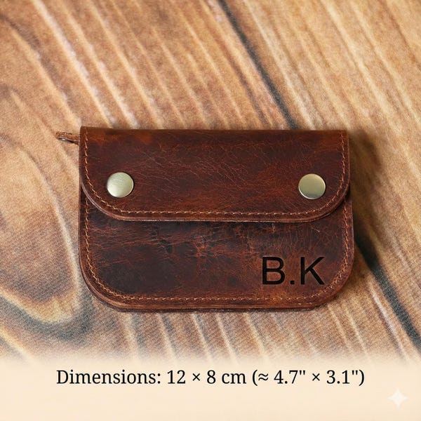 Handmade Full-Grain Leather Coin Pouch: Change Purse with Zipper, Personalized Gift