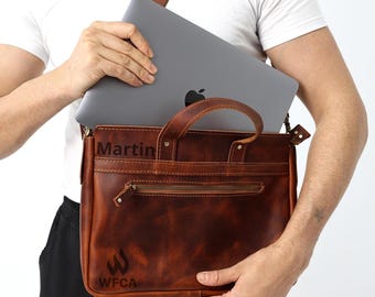 Personalized Leather Laptop Bag Men: Handmade Crossbody Briefcase Messenger