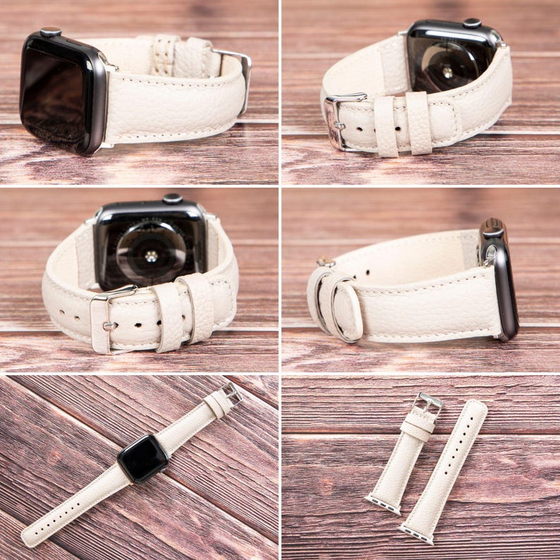 May include: A white leather watch strap for an Apple Watch. The strap is shown in different angles and positions, including on the watch.