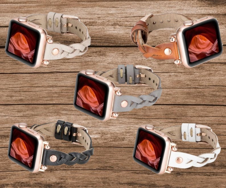 May include: Five braided leather Apple Watch bands in different colors: white, brown, gray, black, and white. Each band has a rose gold buckle and is shown with a smartwatch.