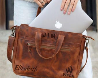Personalized Leather Laptop Bag Women 13" 14" 15'': Handmade Custom Messenger Briefcase Crossbody