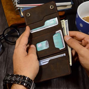 Cartera de cuero personalizada de tres pliegues para hombre, tarjetero y portamonedas de cuero grabado, regalo personalizado para esposo o padre.