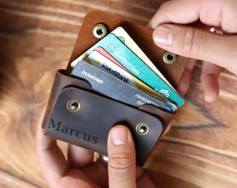Personalized Leather Card Holder: For Mens Snap Holds up to 8-10 cards