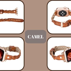 May include: A set of four brown leather Apple Watch bands with a braided design. The bands are shown in different styles, including a single band, a band with a buckle, and a band with a watch face attached. The bands are labeled "CAMEL".