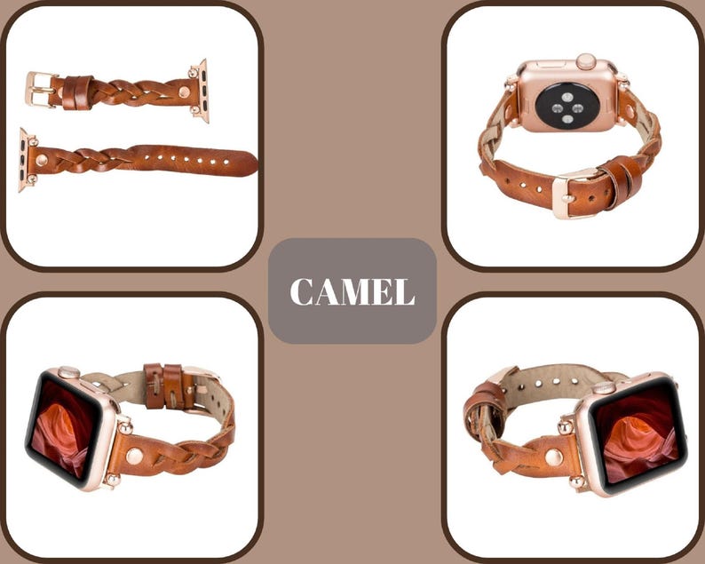 May include: A set of four brown leather Apple Watch bands with a braided design. The bands are shown in different styles, including a single band, a band with a buckle, and a band with a watch face attached. The bands are labeled "CAMEL".