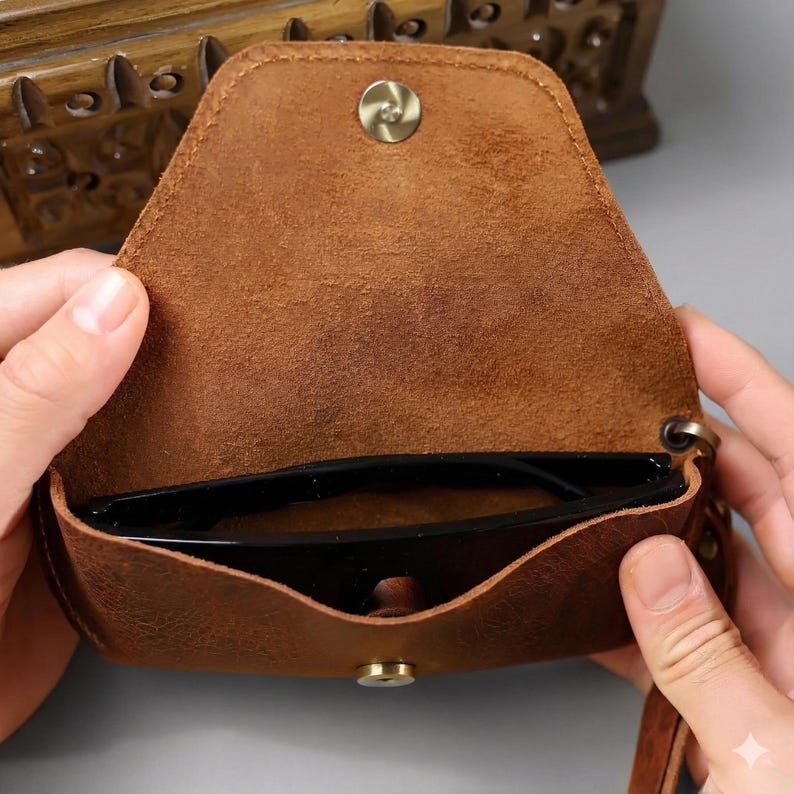 May include: A brown leather glasses case with a snap closure. The case is open, revealing a pair of black sunglasses inside. The case has a distressed finish and a small strap attached to the side.