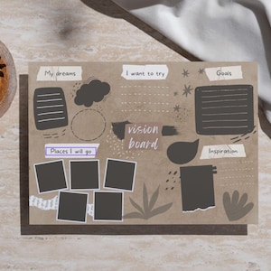 May include: A brown paper vision board with various sections for goals, dreams, places to go, and inspiration. The sections are labelled with handwritten text and decorated with black and white illustrations.