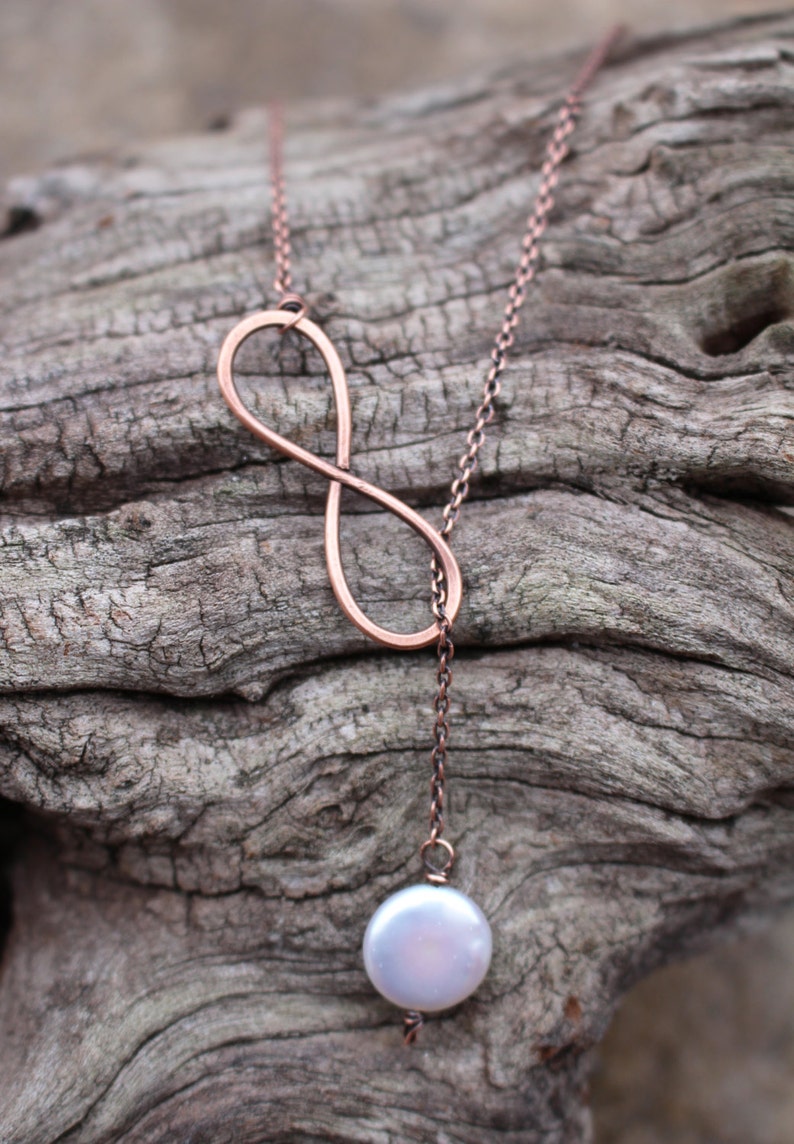 Infinity Lariat Necklace Pearl Coin Pearl Oxidized Copper Etsy