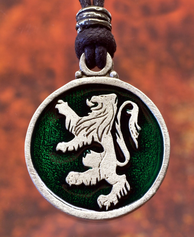 Heraldic Rampant Lion Pewter Jewelry with Your Choice of Color Lion Necklace Pendant Made in USA