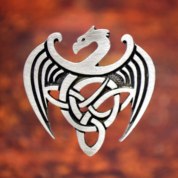 Celtic Dragon Pin | Winged Dragon Jewelry | Wyvern Brooch | Handmade Celtic Jewelry and Pins in Fine Pewter by Treasure Cast