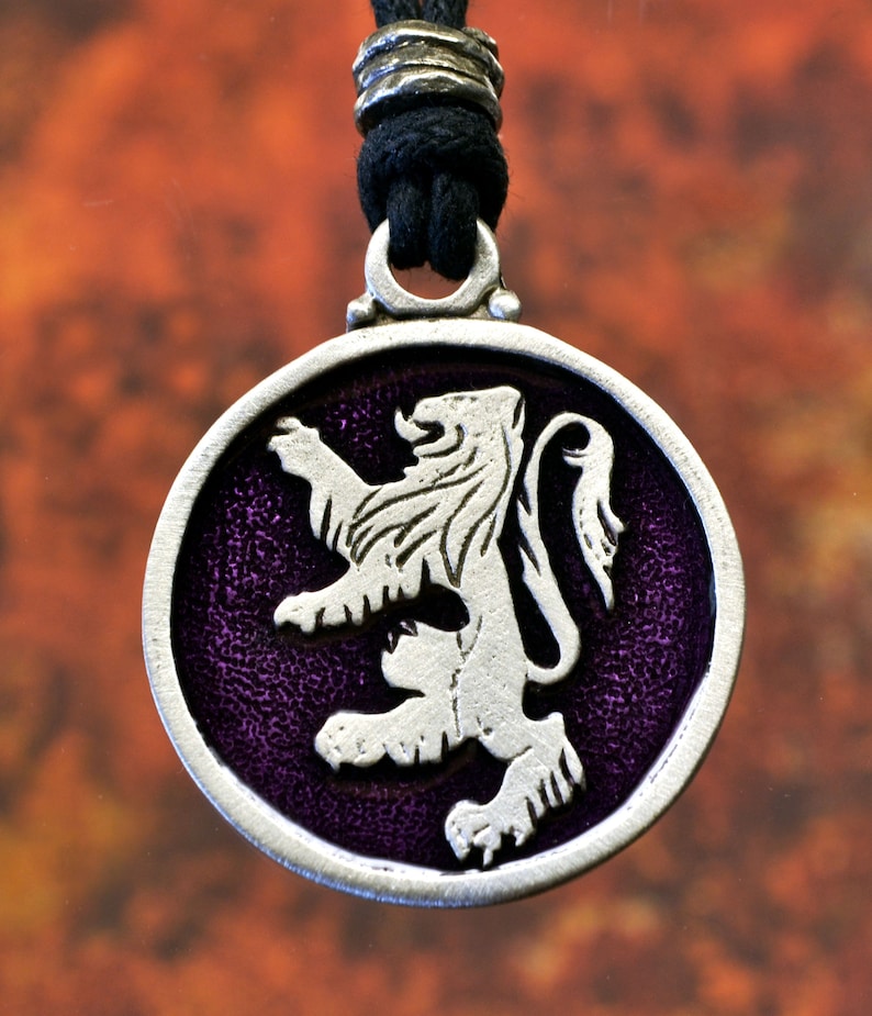 Heraldic Rampant Lion Pewter Jewelry with Your Choice of Color Lion Necklace Pendant Made in USA