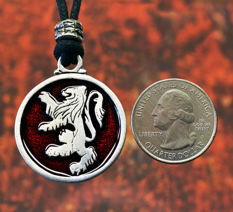 Heraldic Rampant Lion Pewter Jewelry with Your Choice of Color Lion Necklace Pendant Made in USA