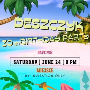 TEMPLATE Surfer Style, Birthday Poster, Surfing, Birtday Party, Palms, Ocean, Surfing, Invitation