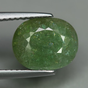 May include: A faceted, oval-shaped green gemstone held by a silver tweezer. The gem has a translucent appearance with internal inclusions and a polished surface. The gem's facets reflect light, creating a sparkling effect.