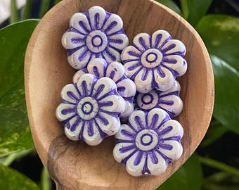Poinsettia Flower Beads, Czech Glass Flower Coin, White, Orchid