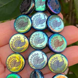 Czech Glass Beads - Coin Beads - Peacock Beads - Laser Beads - New Czech Beads - Tattoo Beads - 16mm - 8pcs