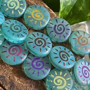 Czech Glass Beads - Czech Beads - Coin Beads - Sun Beads - Laser Etched Beads - Tattoo Beads - 14mm - 8pcs