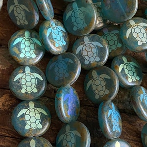Turtle Glass Beads - Turtle Beads - Czech Glass Beads - Laser Etched Beads - 14mm - 8 pcs