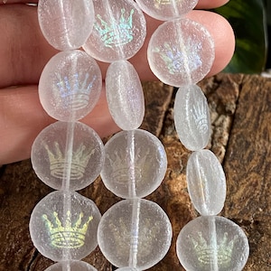 Czech Glass Beads - Czech Beads - Coin Beads - Crown Beads - Laser Etched Beads - Tattoo Beads - 14mm - 8pcs