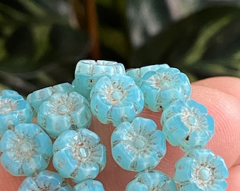 Könnte beinhalten: Eine Strähne aus hellblauen Glasperlen mit Blumenmuster. Die Perlen sind leicht durchscheinend und haben eine matte Oberfläche.