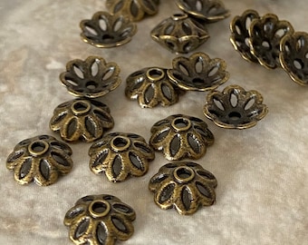 Antiqued brass flower bead caps, brass flower bead caps, brass bead caps, bronze color bead caps, oxidized brass bead caps