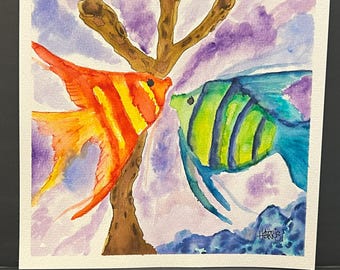 Angel Fish Kiss Watercolor 8x8 – Hand Painted Colorful Fish Art, Tropical Underwater Decor, Ocean Inspired Original Painting