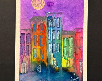 Colorful Cityscape Watercolor • 4x6 Original Painting • Moonlit Urban Art • Vibrant Night Skyline • Rainbow Buildings Illustration