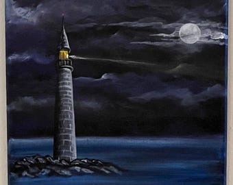 Night Harbor Lighthouse Painting 8x10 – Original Acrylic Canvas Wall Art – Full Moon Ocean Scene – Nautical Seascape Signed