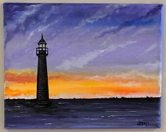 Minot’s Ledge Lighthouse Painting 8x10 – Hand Painted Acrylic Coastal Canvas – Sunset Nautical Art – Massachusetts Wall Decor