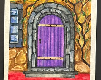 Castle Door Watercolor 6x8 – Hand Painted Fantasy Architecture Art, Purple Door Stone Entry, Magical Castle Wall Decor
