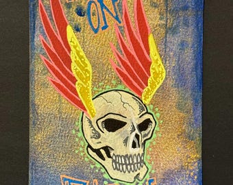 Hell on Earth Skull Art • Shimmer Acrylic 4x6 Painting • Winged Skull Artwork • Dark Fantasy Wall Art • Original Mini Art by Randall Scott