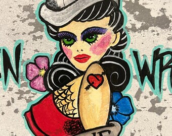 Train Wreck Pin-Up Girl Box – Hand Painted Wood Storage Box 12.75"x7.25" – Vintage Tattoo Art – Distressed Love Chest – One of a Kind