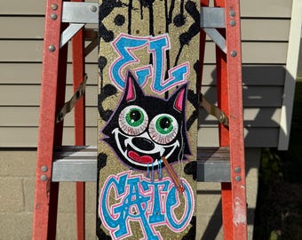 El Gato Loco Hand Painted Skateboard Deck | Felix Inspired Street Art | Hot Rod Graffiti Glitter Effect Skate Art Original
