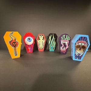 Halloween Glow Coffin Boxes – Hand Painted Mini Wooden Coffins – Choose 3 of 6 – Spooky Decor, Gothic Art, Blacklight Glow stash/gift boxes