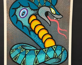 Snake Art • Shimmer 6x8 Acrylic Painting • Blue Serpent Tattoo Style • Bold Reptile Art • Original Artwork • Randall Scott Studios