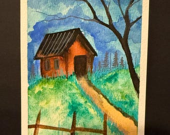 Cozy Cottage Watercolor • 4x6 Original Painting • Rustic Cabin Art • Woodland Path Scene • Whimsical Landscape Illustration