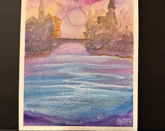 Dreamy Sunset Watercolor • 6x8 Original Painting • Pink & Purple Sky Art • Reflective Water Scene • Soft Landscape Wall Art