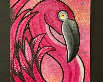 Pink Flamingo Art • Shimmer 4x6 Acrylic Painting • Tropical Bird Decor • Mini Original Art • Bright Pink Wall Art • Randall Scott Studios