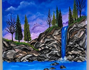 Waterfall Evergreen Painting - Hand Painted Acrylic Canvas Wall Art - Nature Landscape with Trees, Rocks & Blue Water - Signed Original