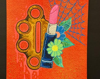 Lipstick & Brass Knuckles Art • Shimmer 6x8 Acrylic • Tattoo Flash Style • Bold Feminine Art • Original Painting • Randall Scott Studios