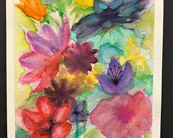 Flower Garden Watercolor 6x8 – Hand Painted Abstract Floral Art, Colorful Bloom Wall Decor, Original Spring Nature Painting