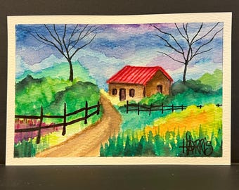 Country Road Watercolor 4x6 – Hand Painted Farmhouse Landscape, Miniature Cottage Art, Rural Countryside Original Painting