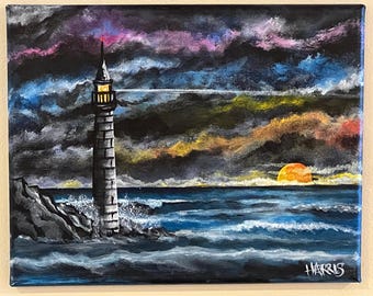 Northern Lights Lighthouse Painting - Original Acrylic Art on Canvas - Ocean Storm Sunset Seascape Wall Decor - Signed by Artist