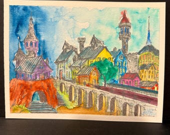 Colorful Fantasy Village Watercolor • 6x8 Original Painting • Whimsical Architecture Art • Bright Townscape • Storybook Wall Art