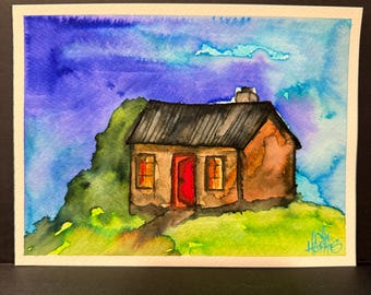 Cozy Cottage Watercolor Art • 6x8 Original Painting • Bright Red Door House • Landscape Wall Art • Rustic Home Decor • Randall Scott Studios