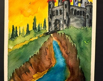 Fantasy Castle Watercolor • 6x8 Original Painting • Medieval Landscape Art • Vibrant Sunset Wall Art • Whimsical Kingdom Decor