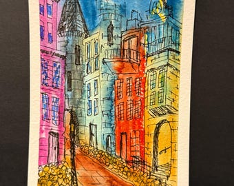 Colorful Street Watercolor • 4x6 Original Painting • Whimsical City Lane Art • Rainbow Buildings • European Alley Illustration
